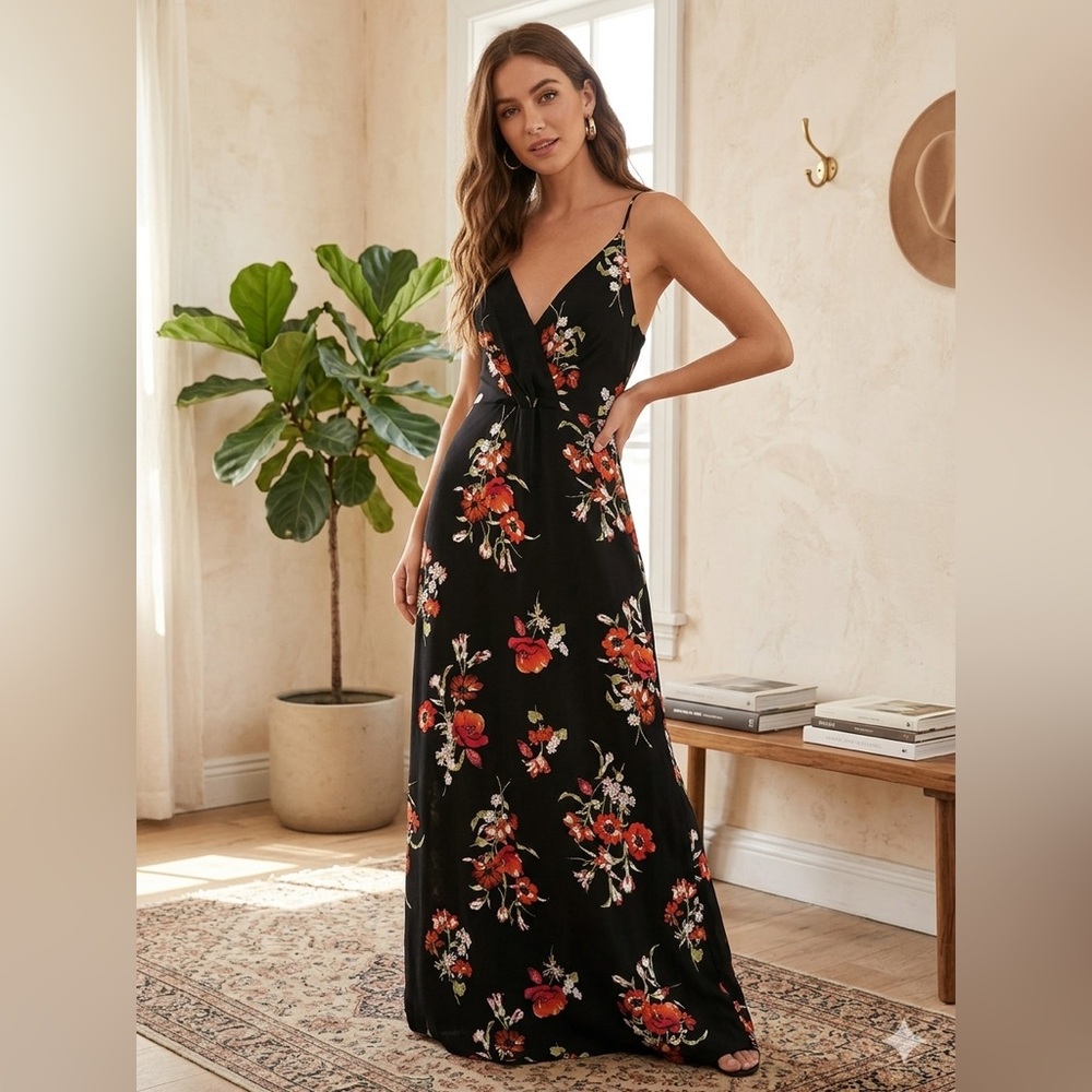 Lush Black Floral Maxi Dress with Red & Orange Blooms